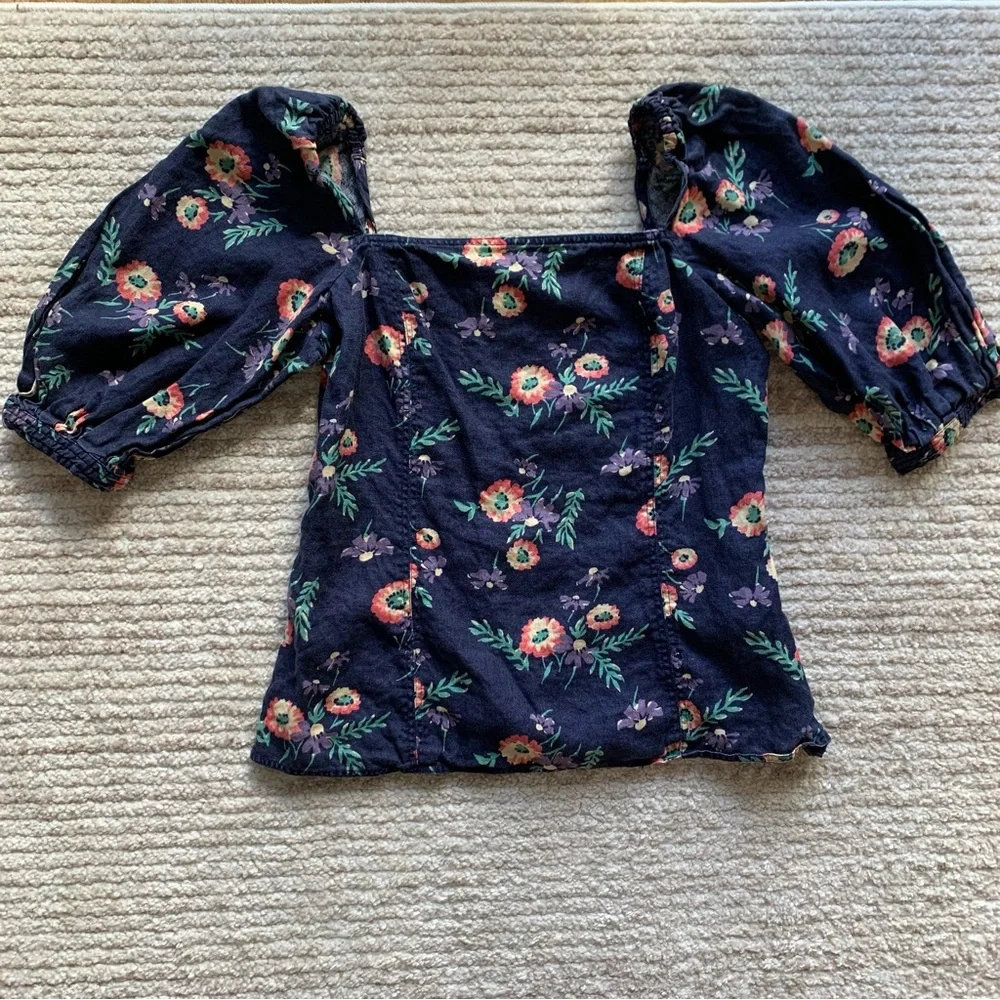 Polo Ralph Lauren Floral 100% Linen Blouson-Sleeve Blouse Navy Size 4 - Picture 2 of 5